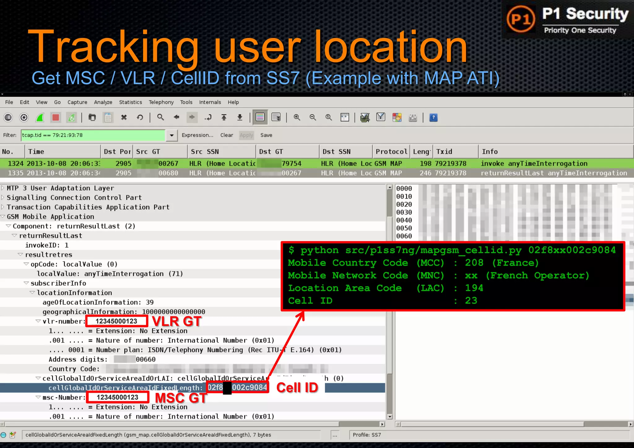 P1 Security – Hackito Ergo Sum 2014 © 2014 - P1 Security, All Rights Reserved
Tracking user locationGet MSC / VLR / CellID from SS7 (Example with MAP ATI)
$ python src/p1ss7ng/mapgsm_cellid.py 02f8xx002c9084
Mobile Country Code (MCC) : 208 (France)
Mobile Network Code (MNC) : xx (French Operator)
Location Area Code (LAC) : 194
Cell ID : 23
VLR GT12345000123
12345000123 MSC GT
02f802002c9084 Cell ID
 