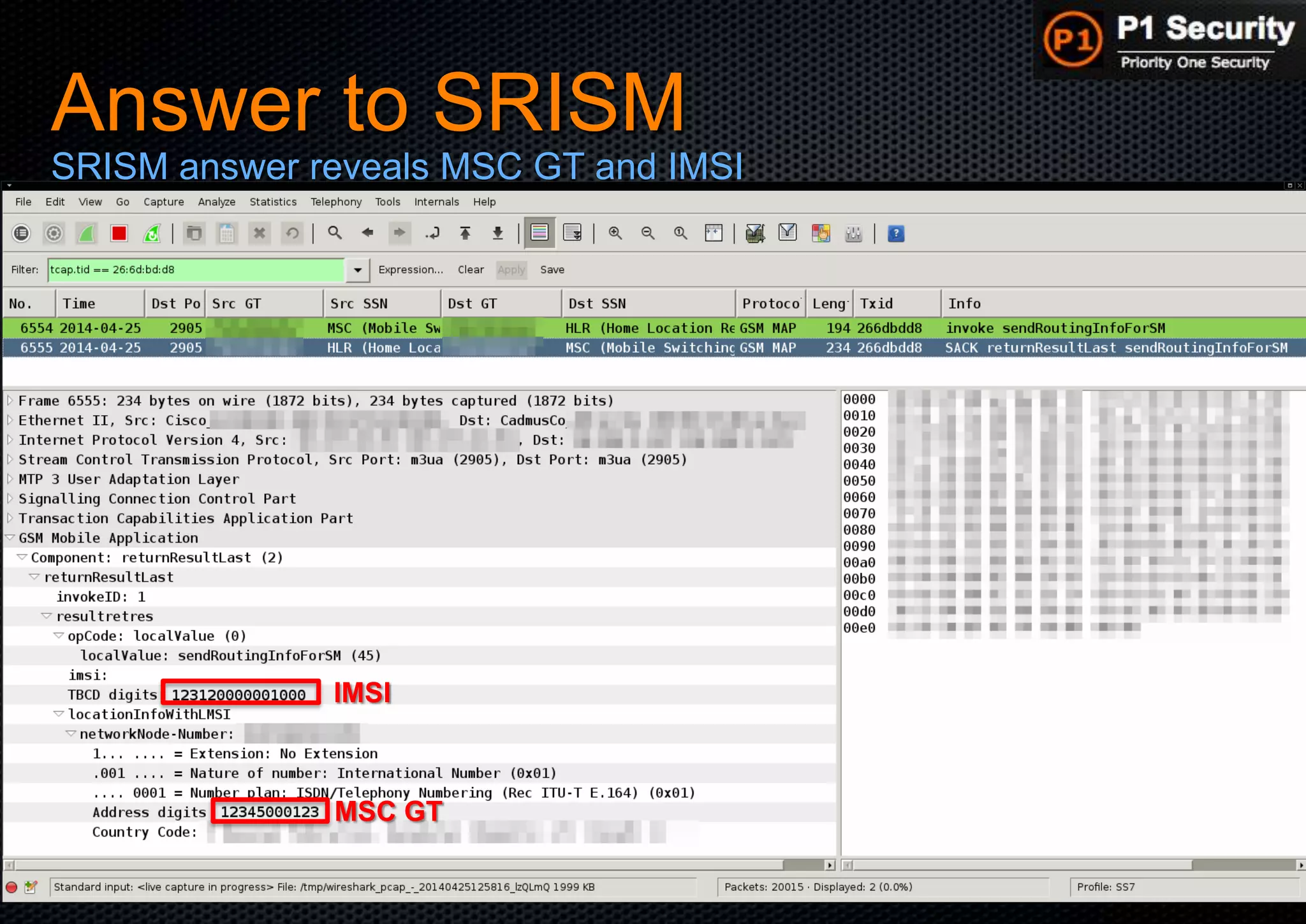 P1 Security – Hackito Ergo Sum 2014 © 2014 - P1 Security, All Rights Reserved
Answer to SRISM
SRISM answer reveals MSC GT and IMSI
MSC GT
IMSI
 