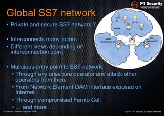 P1 Security – Hackito Ergo Sum 2014 © 2014 - P1 Security, All Rights Reserved
Global SS7 network
• Private and secure SS7 network ?
• Interconnects many actors
• Different views depending on
interconnection point
• Malicious entry point to SS7 network:
• Through any unsecure operator and attack other
operators from there
• From Network Element OAM interface exposed on
Internet
• Through compromised Femto Cell
• … and more …
 