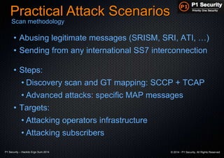 P1 Security – Hackito Ergo Sum 2014 © 2014 - P1 Security, All Rights Reserved
• Abusing legitimate messages (SRISM, SRI, ATI, …)
• Sending from any international SS7 interconnection
• Steps:
• Discovery scan and GT mapping: SCCP + TCAP
• Advanced attacks: specific MAP messages
• Targets:
• Attacking operators infrastructure
• Attacking subscribers
Practical Attack Scenarios
Scan methodology
 