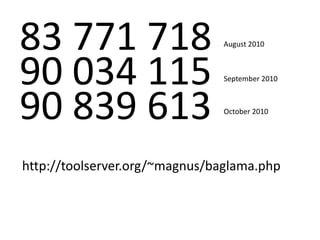 83 771 718August 201090 034 115September 201090 839 613	October 2010http://toolserver.org/~magnus/baglama.php