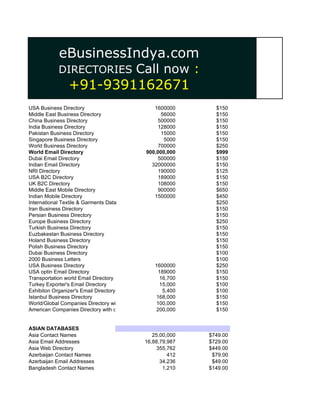 eBusinessIndya.com
            DIRECTORIES                     Call now :
                +91-9391162671
USA Business Directory                              1600000       $150
Middle East Business Directory                         56000      $150
China Business Directory                             500000       $150
India Business Directory                             128000       $150
Pakistan Business Directory                            15000      $150
Singapore Business Directory                             5000     $150
World Business Directory                             700000       $250
World Email Directory                           900,000,000       $999
Dubai Email Directory                                500000       $150
Indian Email Directory                             32000000       $150
NRI Directory                                        190000       $125
USA B2C Directory                                    189000       $150
UK B2C Directory                                     108000       $150
Middle East Mobile Directory                         900000       $650
Indian Mobile Directory                             1500000       $450
International Textile & Garments Data                             $250
Iran Business Directory                                           $150
Persian Business Directory                                        $150
Europe Business Directory                                         $250
Turkish Business Directory                                        $150
Euzbakestan Business Directory                                    $150
Holand Business Directory                                         $150
Polish Business Directory                                         $150
Dubai Business Directory                                          $100
2000 Business Letters                                             $100
USA Business Directory                              1600000       $250
USA optin Email Directory                            189000       $150
Transportation world Email Directory                  16,700      $150
Turkey Exporter's Email Directory                     15,000      $100
Exhibiton Organizer's Email Directory                   5,400     $100
Istanbul Business Directory                          168,000      $150
World/Global Companies Directory with contact person 100,000
                                                     name         $150
American Companies Directory with contact person name200,000      $150


ASIAN DATABASES
Asia Contact Names                                 25,00,000    $749.00
Asia Email Addresses                            16,88,79,987    $729.00
Asia Web Directory                                   355,762    $449.00
Azerbaijan Contact Names                                 412     $79.00
Azerbaijan Email Addresses                            34,236     $49.00
Bangladesh Contact Names                               1,210    $149.00
 