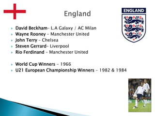David Beckham– L.A Galaxy / AC MilanWayne Rooney – Manchester UnitedJohn Terry – ChelseaSteven Gerrard– LiverpoolRio Ferdinand – Manchester UnitedWorld Cup Winners – 1966U21 European Championship Winners – 1982 & 1984England