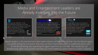 Media and Entertainment Leaders are
Already Investing into the Future
Market leaders in the entertainment and media industry are beginning to enter into the eSports space.
It is worth noting the connection that many of these corporations have to traditional sports, with
Turner Broadcasting also operating the digital experience for the NBA. The introduction of
broadcasting rights may provide motivation for more traditional sports teams to invest in eSports.
Partnering with WME/IMG, Turner
Broadcasting now operates one of the
largest Counter-Strike leagues in the world.
Matches are played live, at the Turner
Studios facility, and featured
matchups are aired on the TBS
channel. ELEAGUE is entering its
second season.
MLBAM is a spin-off of the MLB, and is
responsible for the digital experiences for
organizations such the NHL, and HBO.
MLBAM and Riot Games signed a $300M*
agreement with to develop the viewing
experience, and monetization and
commercialization of League of
Legends.
*Agreement is for an average annual payment of $50M to 2023.
Through ESPN, Disney has broadcast a
number of high profile competitions such
as Heroes of the Dorm, The International,
and the League of Legends World
Championships. ESPN also has a
separate section on its website
and mobile app for eSports
coverage.
 