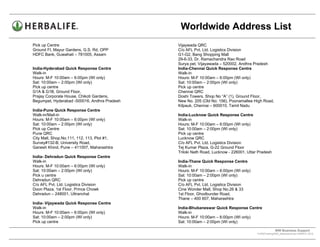 Worldwide Address List
Pick up Centre                                Vijaywada QRC
Ground FI, Mayur Gardens, G.S. Rd, OPP        C/o AFL Pvt. Ltd. Logistics Division
HDFC Bank, Guwahati – 781005, Assam           G1-G2, Bang Shopping Mall
                                              29-6-33, Dr. Ramachandra Rao Road
                                              Surya pet, Vijayawada – 520002, Andhra Pradesh
India-Hyderabad Quick Response Centre         India-Chennai Quick Response Centre
Walk-in                                       Walk-in
Hours: M-F 10:00am – 6:00pm (WI only)         Hours: M-F 10:00am – 6:00pm (WI only)
Sat: 10:00am – 2:00pm (WI only)               Sat: 10:00am – 2:00pm (WI only)
Pick up centre                                Pick up centre
G1A & G1B, Ground Floor,                      Chennai QRC
Prajay Corporate House, Chikoti Gardens,      Doshi Towers, Shop No “A” (1), Ground Floor,
Begumpet, Hyderabad -500016, Andhra Pradesh   New No. 205 (Old No: 156), Poonamallee High Road,
                                              Kilpauk, Chennai – 600010, Tamil Nadu
India-Pune Quick Response Centre
Walk-in/Mail-in                               India-Lucknow Quick Response Centre
Hours: M-F 10:00am – 6:00pm (WI only)         Walk-in
Sat: 10:00am – 2:00pm (WI only)               Hours: M-F 10:00am – 6:00pm (WI only)
Pick up Centre                                Sat: 10:00am – 2:00pm (WI only)
Pune QRC                                      Pick up centre
City Mall, Shop.No.111, 112, 113, Plot #1,    Lucknow QRC
Survey#132-B, University Road,                C/o AFL Pvt. Ltd. Logistics Division
Ganesh Khind, Pune – 411007, Maharashtra      Tej Kumar Plaza, G-22 Ground Floor
                                              Triloki Nath Road, Lucknow - 226001, Uttar Pradesh
India- Dehradun Quick Response Centre
Walk-in                                       India-Thane Quick Response Centre
Hours: M-F 10:00am – 6:00pm (WI only)         Walk-in
Sat: 10:00am – 2:00pm (WI only)               Hours: M-F 10:00am – 6:00pm (WI only)
Pick u centre                                 Sat: 10:00am – 2:00pm (WI only)
Dehradun QRC                                  Pick up centre
C/o AFL Pvt. Ltd. Logistics Division          C/o AFL Pvt. Ltd. Logistics Division
Doon Plaza, 1st Floor, Prince Chowk           Cine Wonder Mall, Shop No.26 & 33
Dehradun – 248001, Uttranchal                 1st Floor, Ghodbunder Road,
                                              Thane – 400 607, Maharashtra
India- Vijaywada Quick Response Centre
Walk-in                                       India-Bhubaneswar Quick Response Centre
Hours: M-F 10:00am – 6:00pm (WI only)         Walk-in
Sat: 10:00am – 2:00pm (WI only)               Hours: M-F 10:00am – 6:00pm (WI only)
Pick up centre                                Sat: 10:00am – 2:00pm (WI only)

                                                                                                     WW Business Support .
                                                                                        S:WWTraining/WW_AddressList.doc MARCH, 2010
                                                                            .
 
