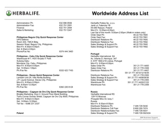 Worldwide Address List
Administration Ph:                          632 896 8556           Herbalife Polska Sp. z.o.o.
Administration Fax:                         632 751 2091           Janki ul. Falencka 1B
Finance:                                    632 751 2094           05-090 Raszyn, Poland
Sales & Marketing:                          632 751 5347           Mon-Fri: 10:00am-6:00pm
                                                                   Last Sat of the month: 9:00am-2:00pm (Walk-in orders only)
                                                                   Order Dept Ph:                              48 22 703 7600
Philippines Baguio City Quick Response Center                      Order Dept Fax:                             48 22 703 7691
UPS Delbros                                                        Distributor Relations Ph:                   48 22 703 7600
Room 204, YMCA Bldg.                                               Distributor Relations Fax:                  48 22 703 7692
Session Road, Baguio City, Philippines                             Sales Strategy & Support Ph:                48 22 703 7600
Mon-Fri: 8:30am-5:00pm                                             Sales Strategy & Support Fax:               48 22 703 7692
Sat. 8:30am-4:00pm
Phone/Fax No:                            6374 444 3483
                                                                   Portugal
Philippines - Cebu City Quick Response Center                      Herbalife International, SA
Warehouse #11, HGV Arcade IT Park                                  Av. Infante D. Henrique, 347
Subang Daku                                                        It .575ª 1800-218 Lisboa, Portugal
Mondaue City, Cebu, Philippines                                    Mon-Fri: 9:00am-6:00pm
Mon-Fri: 8:00am-5:00pm                                             Sales Order Ph:                                351 21 771 4400
Sat. 10:00am-1:00pm                                                Sales Order Fax:                               351 21 778 2358
Ph:/Fax No:                              6332 422 7163             Distributor Relations Ph:                      351 21 771 4407
                                                                                                          351 21 771 4410/12/18/35
Philippines - Davao Quick Response Center                          Distributor Relations Fax:                     351 21 778 2355
Lambert Unit 24, Villa Abrilla Building                            Sales Strategy & Support Ph:             351 21 771 4408/09/36
J.P. Laurel Avenue, Davao City, Philippines                        Sales Strategy & Support Fax:                  351 21 778 2355
Mon-Fri: 8:00am-5:00pm                                             Warehouse Ph:                            351 21 771 4420/21/22
Sat. 8:00am-12:00pm                                                Warehouse Fax:                                 351 21 778 2358
Ph:/Fax No:                                 6382 226 8124

Philippines – Cagayan de Oro City Quick Response Center            Russia
Bingles Marketing, Door 2, Ground Floor Marel Building,            Herbalife International RS
Tiano Corner Gomez Street, Cagayan de Oro City 9000, Philippines   129110 Moscow
Mon-Fri: 9:00am-5:30pm                                             Prospekt Mira 33, korp.1
Sat : 9:00am-12:00pm                                               Russia
Tel/ fax – 6388 231 2337                                           Mon-Fri: 8:30am-6:00pm
                                                                   Distributor Relations Ph:                       7 495 729 5030
                                                                   Distributor Relations Toll Free:                8 800 200 7474
                                                                   Distributor Relations/Sales Fax:                7 495 729 5031
Poland                                                             Sales Strategy & Support Ph:                    7 495 729 5023/24

                                                                                                                             WW Business Support .
                                                                                                                S:WWTraining/WW_AddressList.doc MARCH, 2010
                                                                                                      .
 