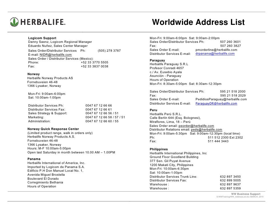 worldwide herbalife addresses herbalife customer service number