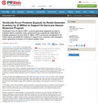 Worldwide Power Products Expands Its Rental Generator Inventory by $1 Million to Support Its Hurricane Season Response Program
