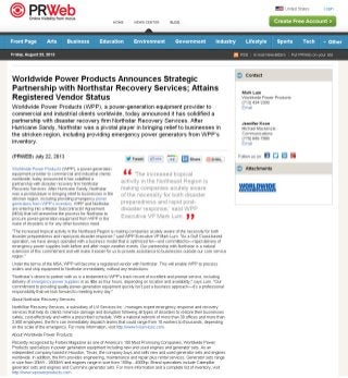 WPP, A Power-generation Equipment Provider, Solidifies Partnership with Disaster Recovery Firm Northstar Recovery Services
