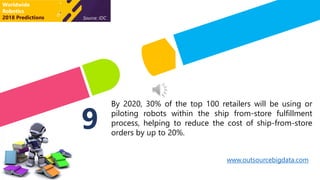 www.outsourcebigdata.com
9
By 2020, 30% of the top 100 retailers will be using or
piloting robots within the ship from-store fulfillment
process, helping to reduce the cost of ship-from-store
orders by up to 20%.
Worldwide
Robotics
2018 Predictions Source: IDC
 