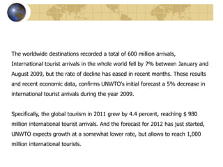 The worldwide destinations recorded a total of 600 million arrivals,
International tourist arrivals in the whole world fell by 7% between January and
August 2009, but the rate of decline has eased in recent months. These results
and recent economic data, confirms UNWTO's initial forecast a 5% decrease in
international tourist arrivals during the year 2009.


Specifically, the global tourism in 2011 grew by 4.4 percent, reaching $ 980
million international tourist arrivals. And the forecast for 2012 has just started,
UNWTO expects growth at a somewhat lower rate, but allows to reach 1,000
million international tourists.
 