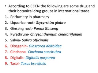 • According to CCCN the following are some drug and
their botanical drug groups in international trade.
1. Perfumery in pharmacy
2. Liquorice root- Glycyrrhiza glabra
3. Ginseng root- Panax Ginseng
4. Pyrethrum- Chrysanthemum cinerariifolium
5. Salvia- Saliva officinalis
6. Diosgenin- Dioscorea deltoidea
7. Cinchona- Cinchona succirubra
8. Digitalis- Digitalis purpurea
9. Taxol- Taxus brevifolia
 