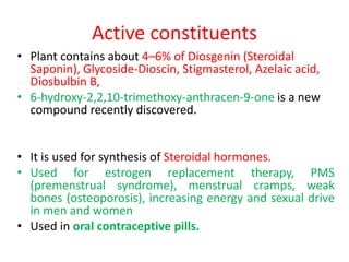 Active constituents
• Plant contains about 4–6% of Diosgenin (Steroidal
Saponin), Glycoside-Dioscin, Stigmasterol, Azelaic acid,
Diosbulbin B,
• 6-hydroxy-2,2,10-trimethoxy-anthracen-9-one is a new
compound recently discovered.
• It is used for synthesis of Steroidal hormones.
• Used for estrogen replacement therapy, PMS
(premenstrual syndrome), menstrual cramps, weak
bones (osteoporosis), increasing energy and sexual drive
in men and women
• Used in oral contraceptive pills.
 