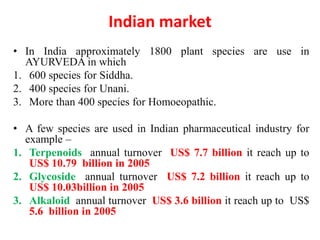 Indian market
• In India approximately 1800 plant species are use in
AYURVEDA in which
1. 600 species for Siddha.
2. 400 species for Unani.
3. More than 400 species for Homoeopathic.
• A few species are used in Indian pharmaceutical industry for
example –
1. Terpenoids annual turnover US$ 7.7 billion it reach up to
US$ 10.79 billion in 2005
2. Glycoside annual turnover US$ 7.2 billion it reach up to
US$ 10.03billion in 2005
3. Alkaloid annual turnover US$ 3.6 billion it reach up to US$
5.6 billion in 2005
 