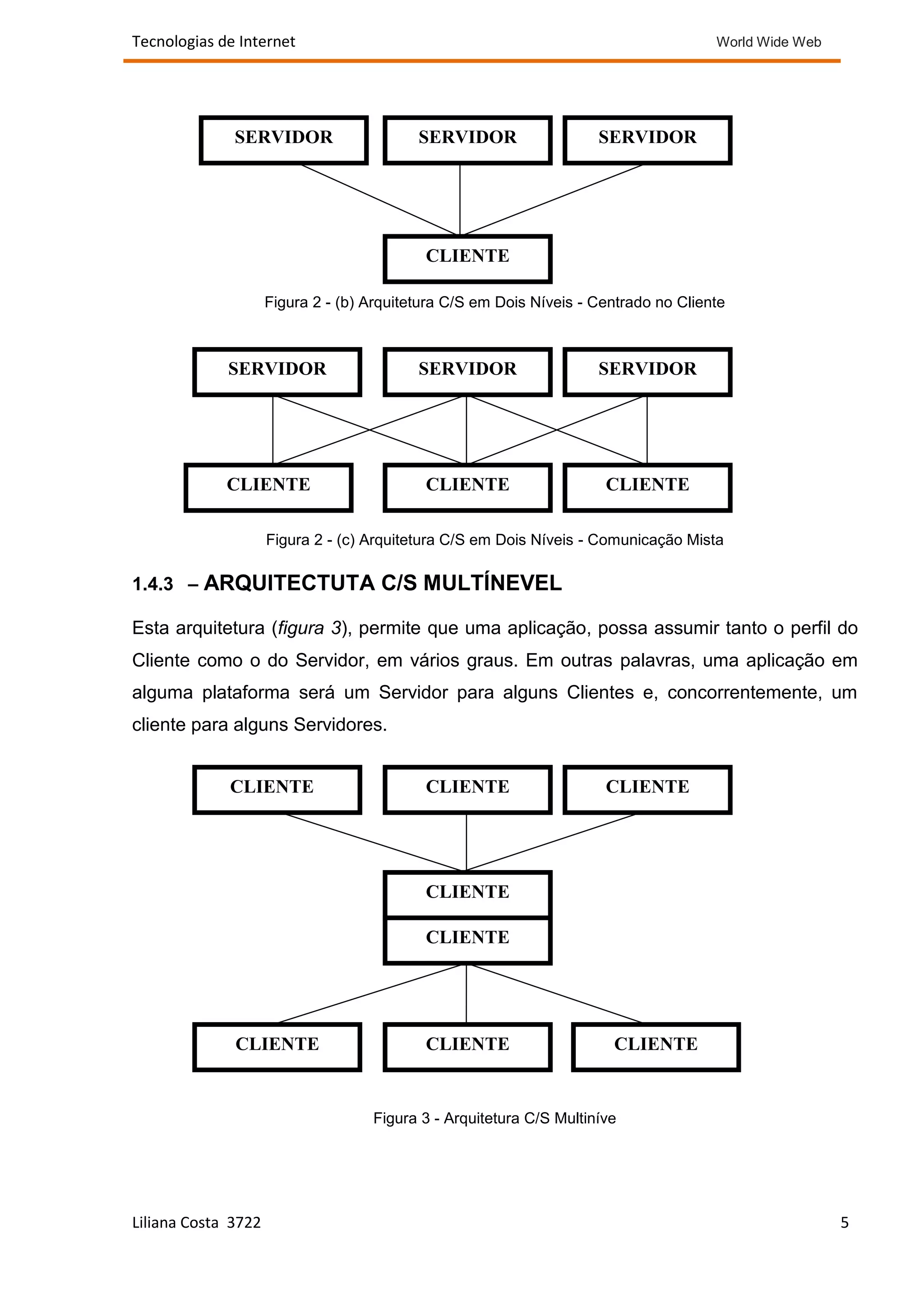 Tecnologias de Internet                                                               World Wide Web




              SERVIDOR                     SERVIDOR                  SERVIDOR




                                            CLIENTE

                     Figura 2 - (b) Arquitetura C/S em Dois Níveis - Centrado no Cliente



             SERVIDOR                      SERVIDOR                  SERVIDOR




             CLIENTE                        CLIENTE                   CLIENTE

                     Figura 2 - (c) Arquitetura C/S em Dois Níveis - Comunicação Mista

1.4.3 – ARQUITECTUTA C/S MULTÍNEVEL

Esta arquitetura (figura 3), permite que uma aplicação, possa assumir tanto o perfil do
Cliente como o do Servidor, em vários graus. Em outras palavras, uma aplicação em
alguma plataforma será um Servidor para alguns Clientes e, concorrentemente, um
cliente para alguns Servidores.


             CLIENTE                        CLIENTE                   CLIENTE




                                            CLIENTE

                                            CLIENTE




              CLIENTE                       CLIENTE                    CLIENTE


                                    Figura 3 - Arquitetura C/S Multiníve




Liliana Costa 3722                                                                                     5
 