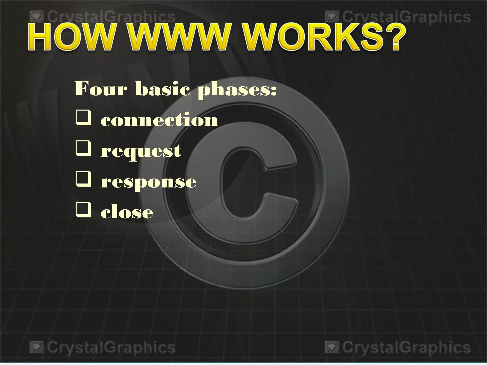 Four basic phases:
 connection
 request
 response
 close
 