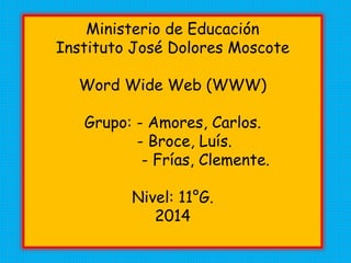 Ministerio de Educación
Instituto José Dolores Moscote
Word Wide Web (WWW)
Grupo: - Amores, Carlos.
- Broce, Luís.
- Frías, Clemente.
Nivel: 11°G.
2014
 