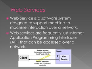  Web Service is a software system
designed to support machine-to-
machine interaction over a network.
 Web services are frequently just Internet
Application Programming Interfaces
(API) that can be accessed over a
network.
 