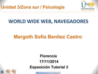 Unidad 3/Zona sur / Psicología 
WORLD WIDE WEB, NAVEGADORES 
Margoth Sofía Benítez Castro 
Florencia 
17/11/2014 
Exposición Tutorial 3 
 