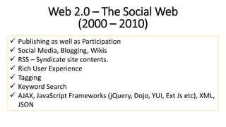 Web 2.0 – The Social Web
(2000 – 2010)
 Publishing as well as Participation
 Social Media, Blogging, Wikis
 RSS – Syndicate site contents.
 Rich User Experience
 Tagging
 Keyword Search
 AJAX, JavaScript Frameworks (jQuery, Dojo, YUI, Ext Js etc), XML,
JSON
 