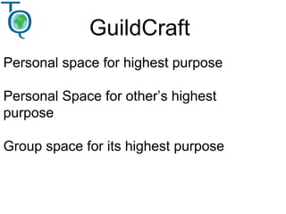 GuildCraft
Personal space for highest purpose
Personal Space for other’s highest
purpose
Group space for its highest purpose
 