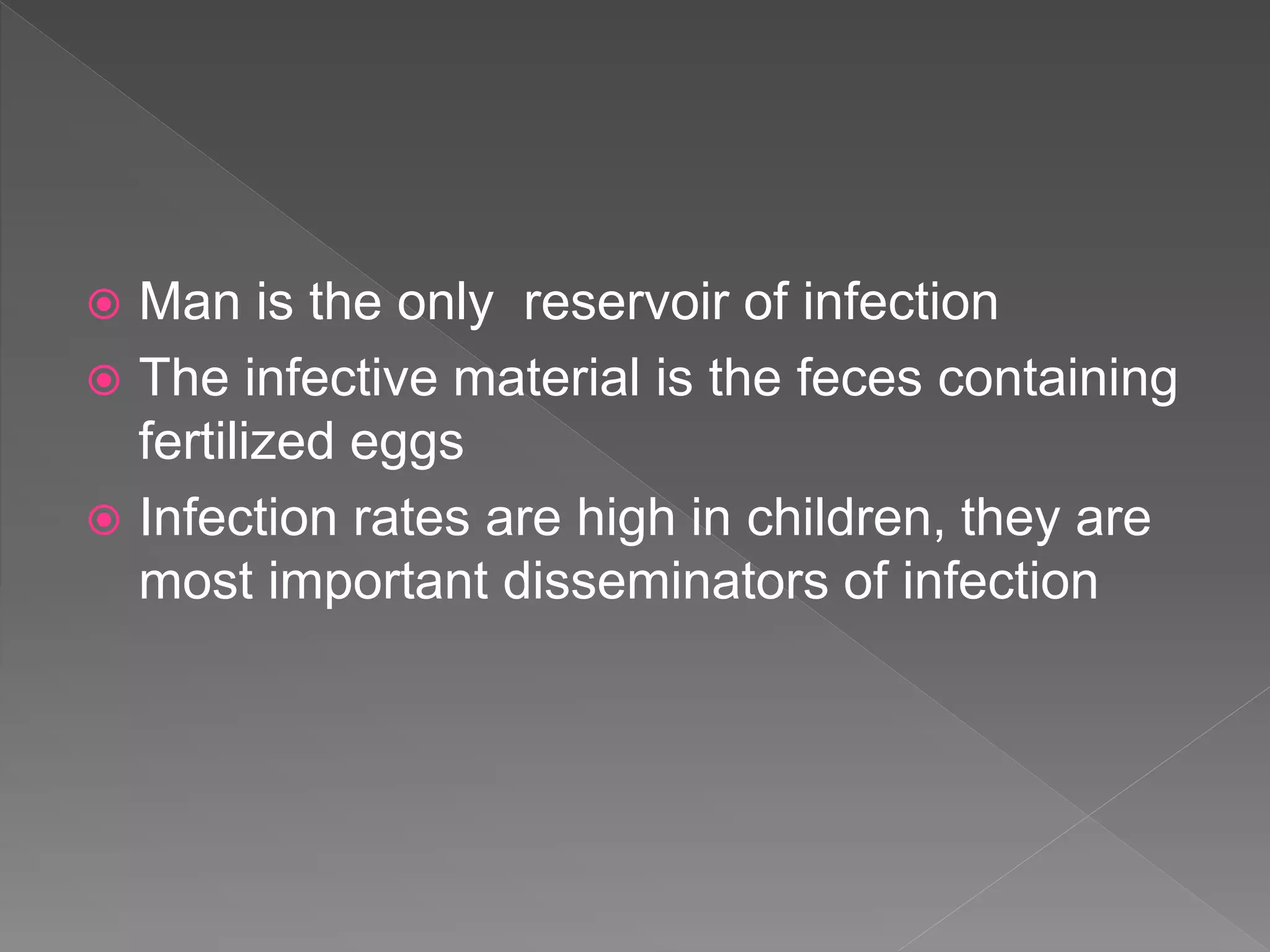  Man is the only reservoir of infection
The infective material is the feces containing
fertilized eggs
Infection rates are high in children, they are
most important disseminators of infection