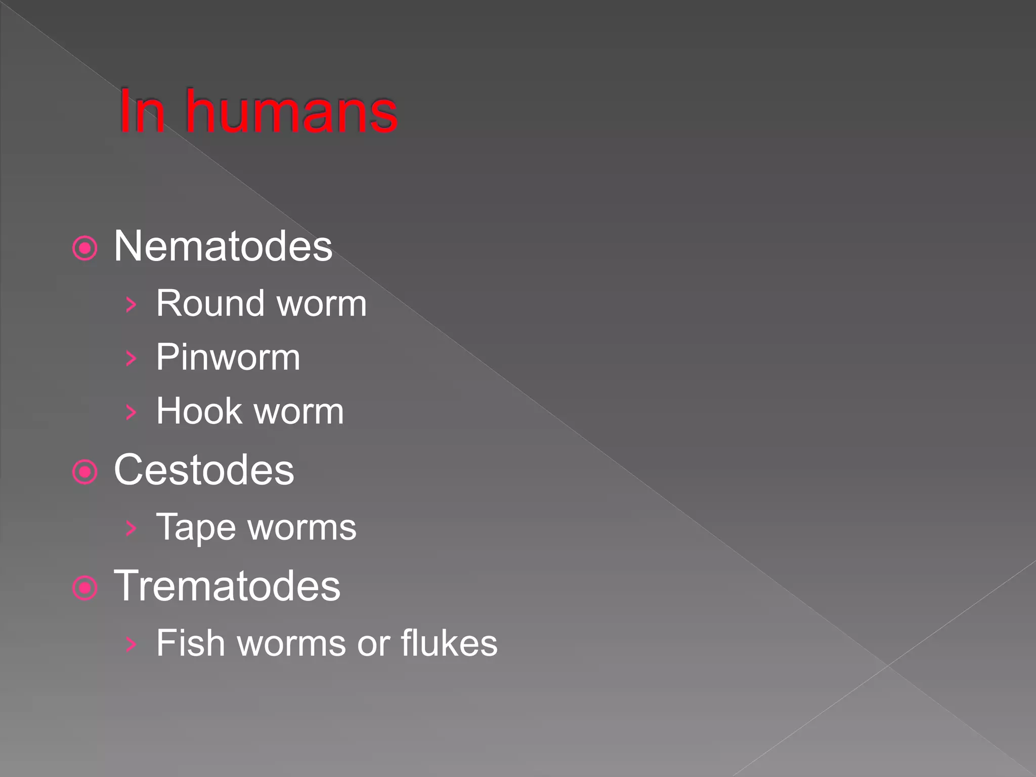  Nematodes
› Round worm
› Pinworm
› Hook worm
Cestodes
› Tape worms
Trematodes
› Fish worms or flukes