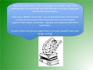 Now since I am a worm, I don’t have eyes, so I couldn’t really “see” anything. But I do have things that look like eyes in my head, along with lots of other sense organs. I also have a BRAIN! I know that  I am excited about that small fact that so many of you humans take for granted, but I am the simplest organism with a brain, remember… Sponges and Cnidarians both don’t have brains. So with a brain and sensory organs there is no way I wouldn’t have seen danger coming! 