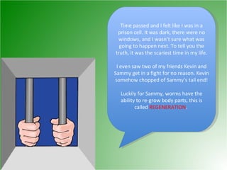 Time passed and I felt like I was in a prison cell. It was dark, there were no windows, and I wasn’t sure what was going to happen next. To tell you the truth, it was the scariest time in my life. I even saw two of my friends Kevin and Sammy get in a fight for no reason. Kevin somehow chopped of Sammy’s tail end! Luckily for Sammy, worms have the ability to re-grow body parts, this is called  REGENERATION .  