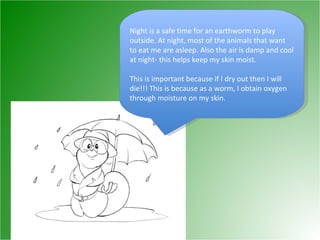 Night is a safe time for an earthworm to play outside. At night, most of the animals that want to eat me are asleep. Also the air is damp and cool at night- this helps keep my skin moist. This is important because if I dry out then I will die!!! This is because as a worm, I obtain oxygen through moisture on my skin. 