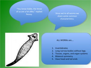 “ You know Eddie, the three of us are a lot alike,” replied Penny. Since we’re all worms we share some common characteristics. Invertebrates Long narrow bodies without legs. Tissues, organs, and organ systems Bilateral symmetry Have head and tail ends ALL WORMs are…. 