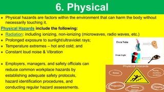 6. Physical
 Physical hazards are factors within the environment that can harm the body without
necessarily touching it.
Physical Hazards include the following:
 Radiation: including ionizing, non-ionizing (microwaves, radio waves, etc.)
 Prolonged exposure to sunlight/ultraviolet rays;
 Temperature extremes – hot and cold; and
 Constant loud noise & Vibration
 Employers, managers, and safety officials can
reduce common workplace hazards by
establishing adequate safety protocols,
hazard identification procedures, and
conducting regular hazard assessments.
 