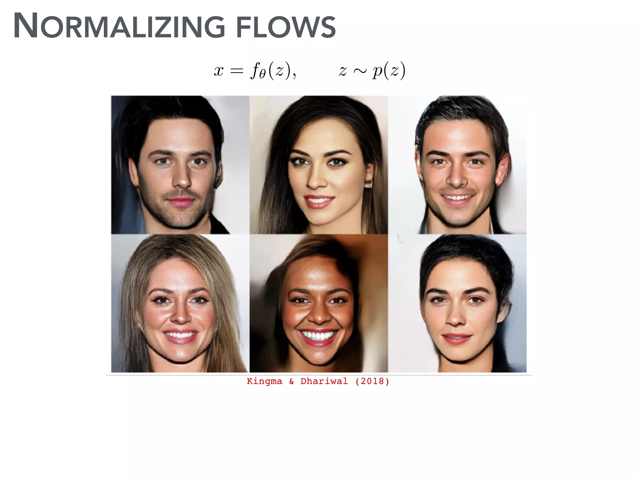 NORMALIZING FLOWS
x = f✓(z), z ⇠ p(z)
Kingma & Dhariwal (2018)
 
