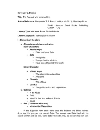 Nove Joy L. Deleña
Title: The Peasant who became King
Author/Reference: Baldonado, R.S. Franco. A.O.,et al. (2013), Readings From
World Literature. Great Books Publishing:
Quezon City
Literary Type and form: Prose Fiction/Folktale
Literary Approach: Mythological Criticism
I - Elements of the story
a. Characters and characterization
Main Characters
 Anubis/Anpu
 Elder brother of Bata
 Bata
 Protagonist
 Younger brother of Anpu
 Have a good heart (divine heart)
Minor Character
 Wife of Anpu
 Who attempt to seduce Bata
 Antagonis
 Pharaoh
 Wife of Bata
 God Ra
 The gracious God who helped Bata.
b. Settings
 In the house
 Field
 Near the river and valley of Acacia
 Egypt
c. Plot (Traditional structure)
 Introduction/Exposition
In this Egyptian myth there were once two brothers the eldest named
Anpu and the younger one named Bata. The younger one Bata lived with his
eldest brother and his wife, were Bata lived with Anpu as he were his own son.
 
