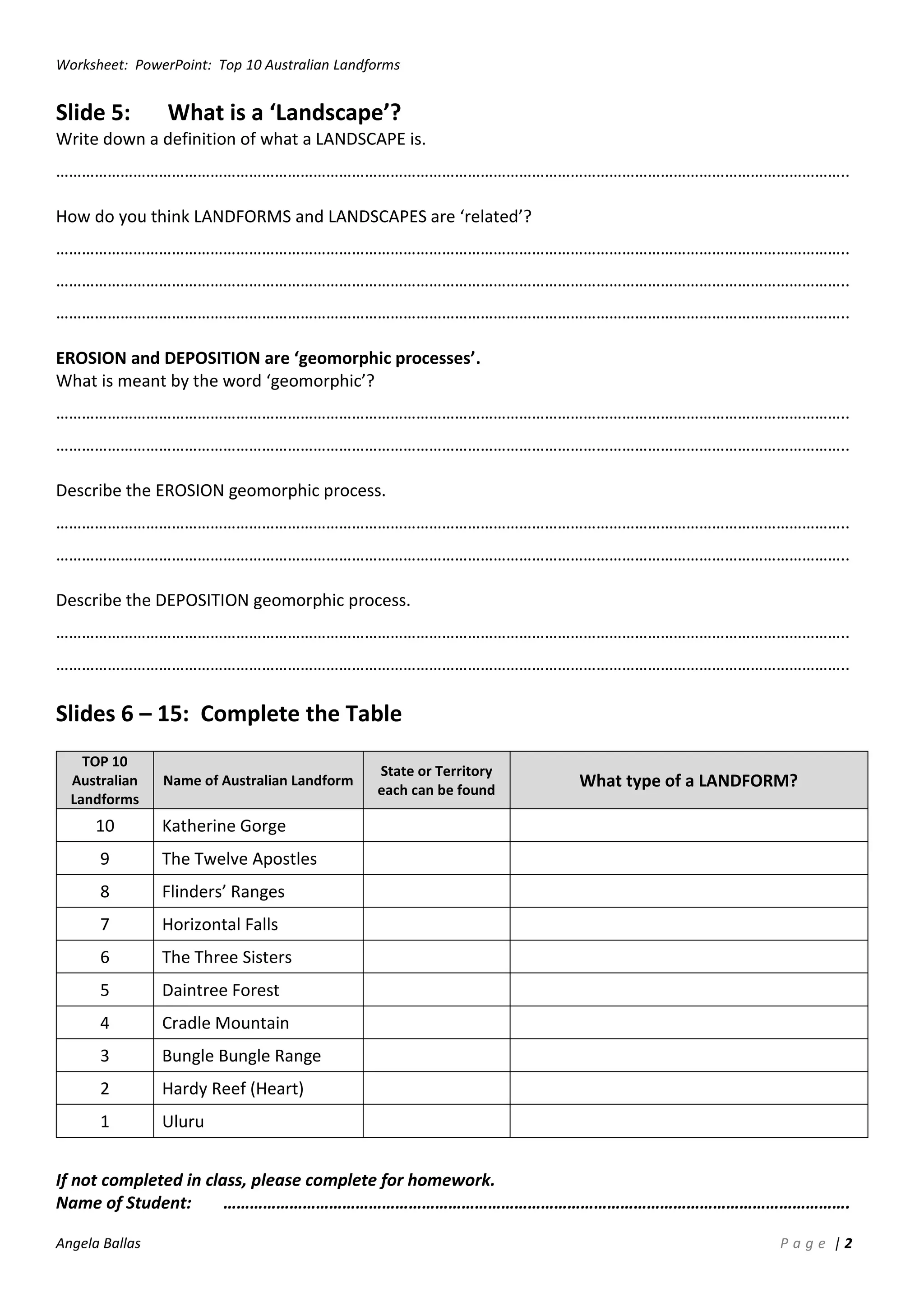 Worksheet: Top 10 Australian Landforms | PDF