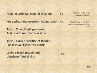 Nedarai L’Adonai, nedarai ashalem X 2 
Kos yeshuot esa uveshem Adonai ekra X 4 
To you O Lord I will pay vows 
And I claim Your name Yeshua 
To you I look a sacrifice of thanks 
For Yeshua I'll give You praise 
Lecha ezbach zevach toda 
Uveshem Adonai ekra 
My vows to the Lord, 
my vows I will pay. 
I lift up the cup of salvation 
and call on the name of the 
Lord 
2/3 
X 2 
 