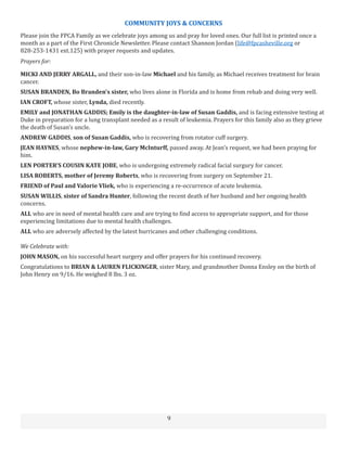 9
COMMUNITY JOYS & CONCERNS
Please join the FPCA Family as we celebrate joys among us and pray for loved ones. Our full list is printed once a
month as a part of the First Chronicle Newsletter. Please contact Shannon Jordan (life@fpcasheville.org or
828-253-1431 ext.125) with prayer requests and updates.
Prayers for:
MICKI AND JERRY ARGALL, and their son-in-law Michael and his family, as Michael receives treatment for brain
cancer.
SUSAN BRANDEN, Bo Branden’s sister, who lives alone in Florida and is home from rehab and doing very well.
IAN CROFT, whose sister, Lynda, died recently.
EMILY and JONATHAN GADDIS; Emily is the daughter-in-law of Susan Gaddis, and is facing extensive testing at
Duke in preparation for a lung transplant needed as a result of leukemia. Prayers for this family also as they grieve
the death of Susan’s uncle.
ANDREW GADDIS, son of Susan Gaddis, who is recovering from rotator cuff surgery.
JEAN HAYNES, whose nephew-in-law, Gary McInturff, passed away. At Jean’s request, we had been praying for
him.
LEN PORTER’S COUSIN KATE JOBE, who is undergoing extremely radical facial surgury for cancer.
LISA ROBERTS, mother of Jeremy Roberts, who is recovering from surgery on September 21.
FRIEND of Paul and Valorie Vliek, who is experiencing a re-occurrence of acute leukemia.
SUSAN WILLIS, sister of Sandra Hunter, following the recent death of her husband and her ongoing health
concerns.
ALL who are in need of mental health care and are trying to find access to appropriate support, and for those
experiencing limitations due to mental health challenges.
ALL who are adversely affected by the latest hurricanes and other challenging conditions.
We Celebrate with:
JOHN MASON, on his successful heart surgery and offer prayers for his continued recovery.
Congratulations to BRIAN & LAUREN FLICKINGER, sister Mary, and grandmother Donna Ensley on the birth of
John Henry on 9/16. He weighed 8 lbs. 3 oz.
 