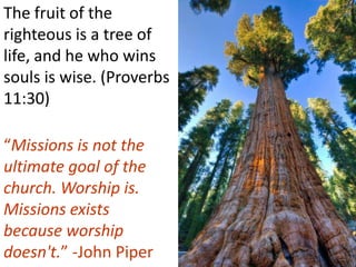 The fruit of the
righteous is a tree of
life, and he who wins
souls is wise. (Proverbs
11:30)
“Missions is not the
ultimate goal of the
church. Worship is.
Missions exists
because worship
doesn't.” -John Piper
 