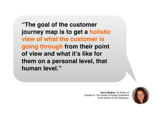 “The goal of the customer
journey map is to get a holistic
view of what the customer is
going through from their point
of view and what it’s like for
them on a personal level, that
human level.”
Kerry Bodine, Co Author of
Outside In: The Power of Putting Customers
at the Center of Your Business,
 