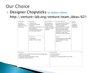   Designer Chopsticks   by Nadeem Akhtar

    http://venture-lab.org/venture/team_ideas/621
 