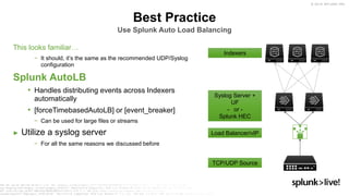 © 2019 SPLUNK INC.
Best Practice
Use Splunk Auto Load Balancing
This looks familiar…
− It should, it’s the same as the recommended UDP/Syslog
configuration
Splunk AutoLB
• Handles distributing events across Indexers
automatically
• [forceTimebasedAutoLB] or [event_breaker]
− Can be used for large files or streams
► Utilize a syslog server
− For all the same reasons we discussed before
Syslog Server +
UF
- or -
Splunk HEC
Load Balancer/vIP
TCP/UDP Source
Indexers
 