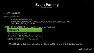 © 2019 SPLUNK INC.
Event Parsing
Break it down
► Line Breaking
Avoid Line Merging
− SHOULD_LINEMERGE = true
− BREAK_ONLY_BEFORE_DATE, BREAK_ONLY_BEFORE, MUST_BREAK_AFTER,
MUST_NOT_BREAK_AFTER, etc…
LINE_BREAKER is much more efficient
• Uses RegEx to determine when the raw text should be broken into individual events
[mySourcetype]
SHOULD_LINEMERGE = false
LINE_BREAKER = <regex>
Props.conf
 