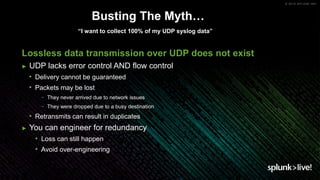 © 2019 SPLUNK INC.
Busting The Myth…
“I want to collect 100% of my UDP syslog data”
Lossless data transmission over UDP does not exist
► UDP lacks error control AND flow control
• Delivery cannot be guaranteed
• Packets may be lost
− They never arrived due to network issues
− They were dropped due to a busy destination
• Retransmits can result in duplicates
► You can engineer for redundancy
• Loss can still happen
• Avoid over-engineering
 