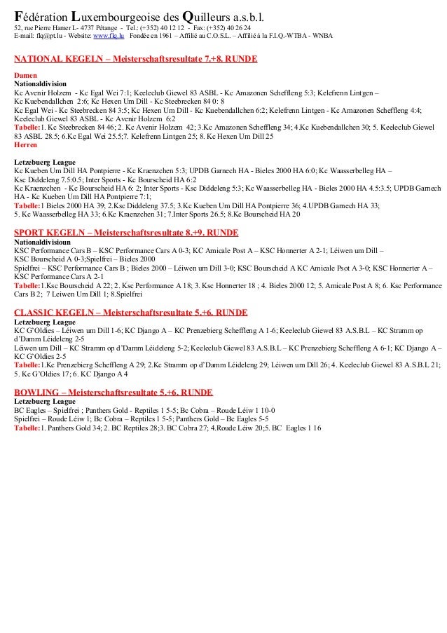 Fédération Luxembourgeoise des Quilleurs a.s.b.l.
52, rue Pierre Hamer L- 4737 Pétange - Tel.: (+352) 40 12 12 - Fax: (+35...