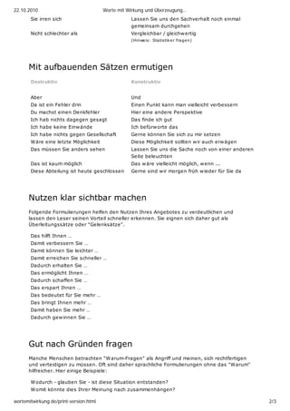 22.10.2010                              Worte mit Wirkung und Überzeugung…
       Sie irren sich                              Lassen Sie uns den Sachverhalt noch einmal
                                                   gemeinsam durchgehen
       Nicht schlechter als                        Vergleichbar / gleichw ertig
                                                   (Hinwe is: Statistik e r frage n)




      Mit aufbauenden Sätzen ermutigen
       Destruktiv                                  Konstruktiv


       Aber                                        Und
       Da ist ein Fehler drin                      Einen Punkt kann man vielleicht verbessern
       Du machst einen Denkfehler                  Hier eine andere Perspektive
       Ich hab nichts dagegen gesagt               Das finde ich gut
       Ich habe keine Einw ände                    Ich befürworte das
       Ich habe nichts gegen Gesellschaft          Gerne können Sie sich zu mir setzen
       Wäre eine letzte Möglichkeit                Diese Möglichkeit sollten wir auch erw ägen
       Das müssen Sie anders sehen                 Lassen Sie uns die Sache noch von einer anderen
                                                   Seite beleuchten
       Das ist kaum möglich                        Das w äre vielleicht möglich, wenn ...
       Diese Abteilung ist heute geschlossen       Gerne sind wir morgen früh w ieder für Sie da




      Nutzen klar sichtbar machen
      Folgende Formulierungen helfen den Nutzen Ihres Angebotes zu verdeutlichen und
      lassen den Leser seinen Vorteil schneller erkennen. Sie eignen sich daher gut als
      Überleitungssätze oder "Gelenksätze".

       Das hilft Ihnen …
       Damit verbessern Sie …
       Damit können Sie leichter …
       Damit erreichen Sie schneller …
       Dadurch erhalten Sie …
       Das ermöglicht Ihnen …
       Dadurch schaffen Sie …
       Das erspart Ihnen …
       Das bedeutet für Sie mehr …
       Das bringt Ihnen mehr …
       Damit haben Sie mehr …
       Dadurch gew innen Sie …




      Gut nach Gründen fragen
      Manche Menschen betrachten "Warum-Fragen" als Angriff und meinen, sich rechtfertigen
      und verteidigen zu müssen. Oft sind daher sprachliche Formulierungen ohne das "Warum"
      hilfreicher. Hier einige Beispiele:

       Wodurch - glauben Sie - ist diese Situation entstanden?
       Womit könnte dies Ihrer Meinung nach zusammenhängen?

wortemitwirkung.de/print-version.html                                                                2/3
 