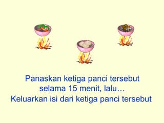 Panaskan ketiga panci tersebut
       selama 15 menit, lalu
Keluarkan isi dari ketiga panci tersebut
 