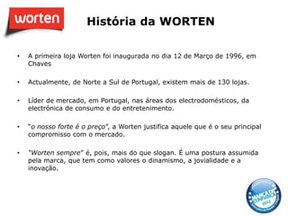 História da WORTEN

•   A primeira loja Worten foi inaugurada no dia 12 de Março de 1996, em
    Chaves

•   Actualmente, de Norte a Sul de Portugal, existem mais de 130 lojas.

•   Líder de mercado, em Portugal, nas áreas dos electrodomésticos, da
    electrónica de consumo e do entretenimento.

•   “o nosso forte é o preço”, a Worten justifica aquele que é o seu principal
    compromisso com o mercado.

•   “Worten sempre” é, pois, mais do que slogan. É uma postura assumida
    pela marca, que tem como valores o dinamismo, a jovialidade e a
    inovação.
 