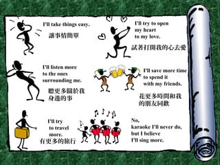 I'll take things easy. I'll try to open
my heart
to my love.
I'll listen more
to the ones
surrounding me.
I'll save more time
to spend it
with my friends.
I'll try
to travel
more.
No,
karaoke I'll never do,
but I believe
I'll sing more.
讓事情簡單
試著打開我的心去愛
聽更多關於我
身邊的事 花更多時間和我
的朋友同歡
有更多的旅行
 