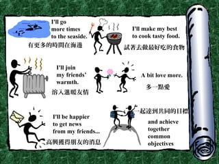 I'll go
more times
to the seaside.
I'll make my best
to cook tasty food.
I'll join
my friends’
warmth.
A bit love more.
I'll be happier
to get news
from my friends...
and achieve
together
common
objectives
有更多的時間在海邊 試著去做最好吃的食物
溶入 暖友情溫
多一點愛
高興獲得朋友的消息
一起達到共同的目標
 