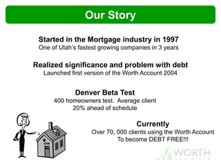 Currently
Over 70, 000 clients using the Worth Account
To become DEBT FREE!!!
Realized significance and problem with debt
Launched first version of the Worth Account 2004
Started in the Mortgage industry in 1997
One of Utah’s fastest growing companies in 3 years
Denver Beta Test
400 homeowners test. Average client
20% ahead of schedule
Our Story
 